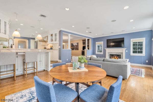 Dining room, Fireplace, Interior, Kitchen, Living room, Pendant Lights, Recessed Lighting, Wood Texture Flooring