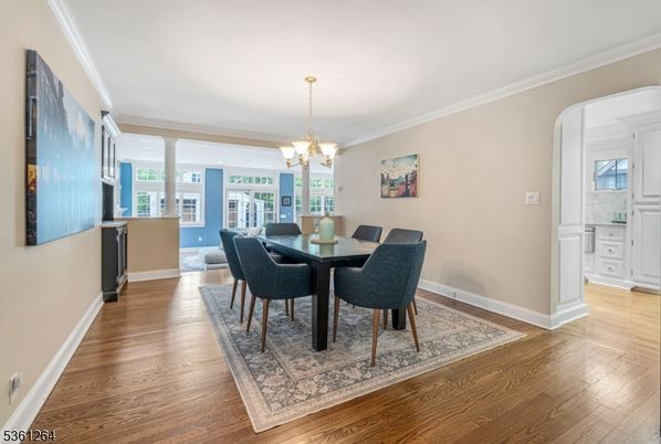 Chandelier, Dining room, Interior, Wood Texture Flooring