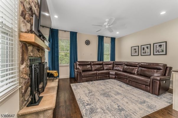 Fireplace, Interior, Living room, Recessed Lighting, Wood Texture Flooring