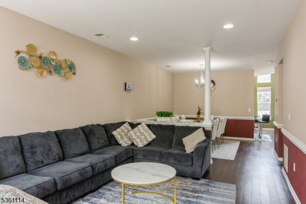 Chandelier, Dining room, Interior, Living room, Pendant Lights, Recessed Lighting, Wood Texture Flooring