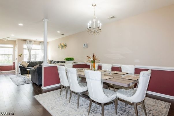 Chandelier, Dining room, Interior, Living room, Recessed Lighting, Wood Texture Flooring
