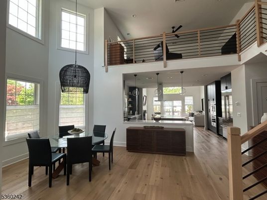 Dining room, Interior, Kitchen, Pendant Lights, Recessed Lighting, Wood Texture Flooring