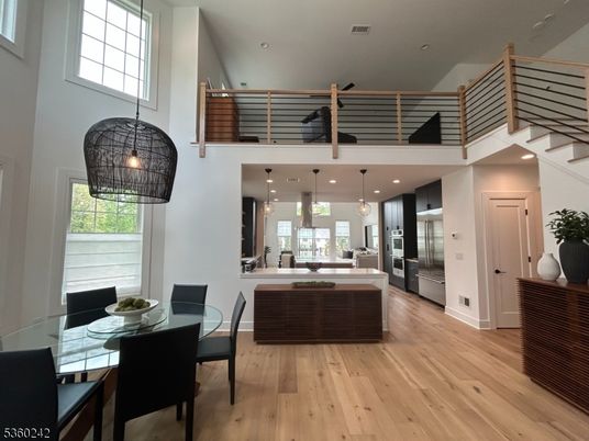 Dining room, Interior, Pendant Lights, Recessed Lighting, Wood Texture Flooring