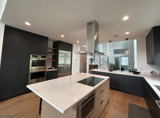 Interior, Kitchen, Pendant Lights, Recessed Lighting, Stainless Steel Appliances, Wood Texture Flooring