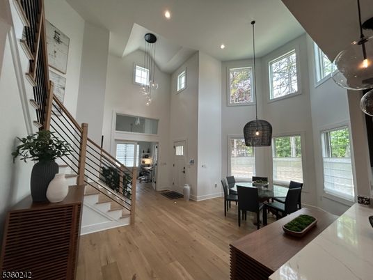 Dining room, Interior, Pendant Lights, Recessed Lighting, Wood Texture Flooring