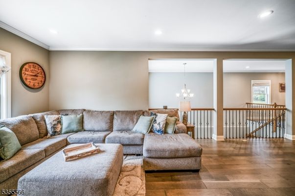 Chandelier, Interior, Living room, Recessed Lighting, Wood Texture Flooring