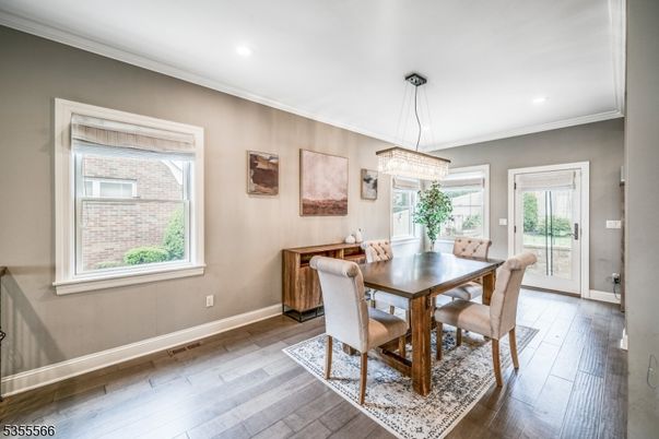 Chandelier, Dining room, Interior, Pendant Lights, Recessed Lighting, Wood Texture Flooring