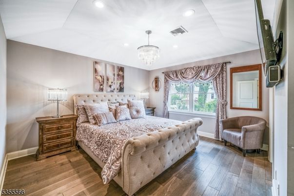 Bedroom, Chandelier, Interior, Recessed Lighting, Wood Texture Flooring