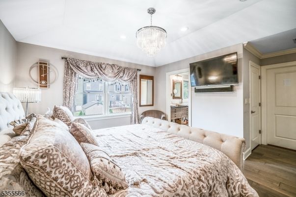Bedroom, Chandelier, Interior, Recessed Lighting, Wood Texture Flooring