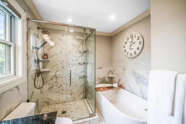 Bathroom, Glass Shower, Interior, Marble Walls, Recessed Lighting