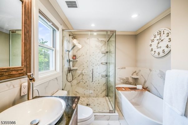 Bathroom, Glass Shower, Interior, Marble, Marble Walls, Recessed Lighting