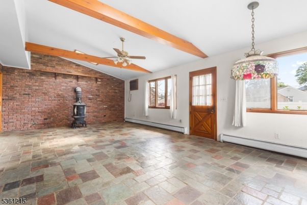 Interior, Pendant Lights, Stone Walls, Wooden Beams