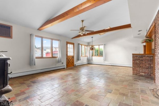 Empty room, Fireplace, Interior, Pendant Lights, Wooden Beams