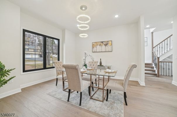 Dining room, Interior, Pendant Lights, Recessed Lighting, Wood Texture Flooring