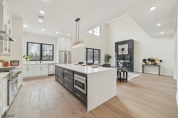 Interior, Kitchen, Pendant Lights, Recessed Lighting, Stainless Steel Appliances, Wood Texture Flooring