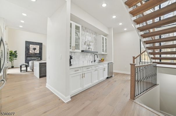 Fireplace, Interior, Kitchen, Recessed Lighting, Wood Texture Flooring