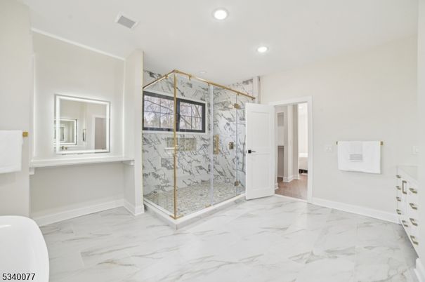 Bathroom, Glass Shower, Interior, Marble, Marble Walls, Recessed Lighting