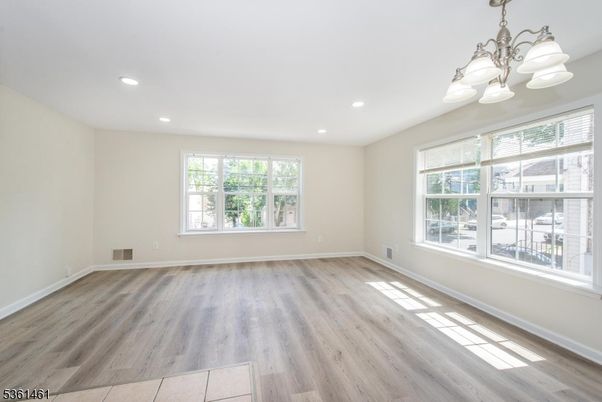 Chandelier, Empty room, Interior, Recessed Lighting, Wood Texture Flooring