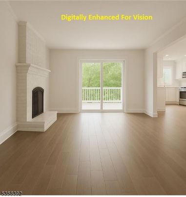 Empty room, Fireplace, Interior, Kitchen, Recessed Lighting, Wood Texture Flooring