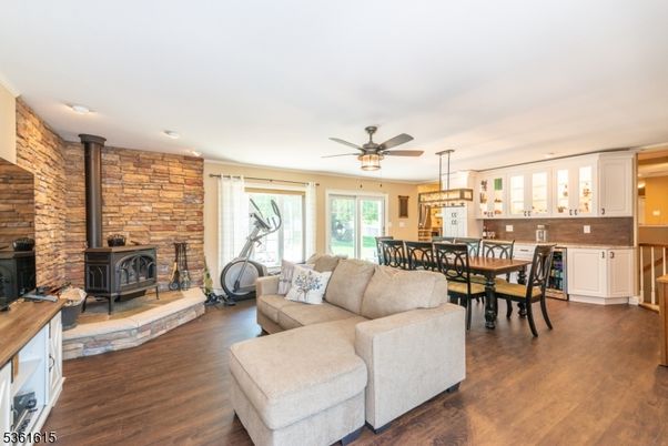 Dining room, Fireplace, Interior, Kitchen, Living room, Pendant Lights, Recessed Lighting, Stone Walls, Wood Texture Flooring