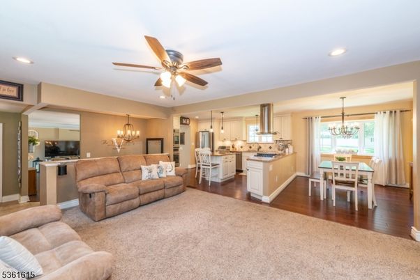 Chandelier, Dining room, Interior, Kitchen, Living room, Recessed Lighting, Wood Texture Flooring