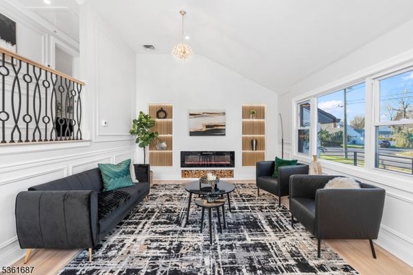 Fireplace, Interior, Living room, Pendant Lights, Wood Texture Flooring