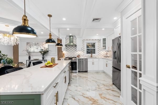 Interior, Kitchen, Marble, Pendant Lights, Recessed Lighting, Stainless Steel Appliances