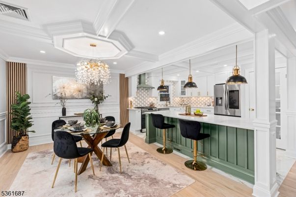 Chandelier, Interior, Kitchen, Pendant Lights, Recessed Lighting, Stainless Steel Appliances, Wood Texture Flooring