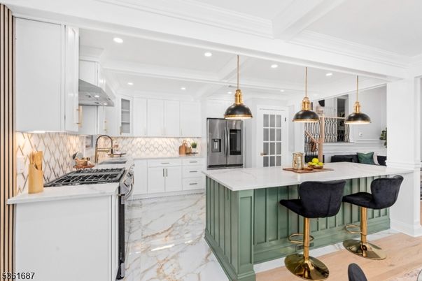 Interior, Kitchen, Marble, Pendant Lights, Recessed Lighting, Stainless Steel Appliances, Wood Texture Flooring