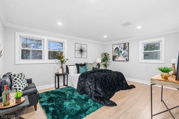Bedroom, Interior, Recessed Lighting, Wood Texture Flooring