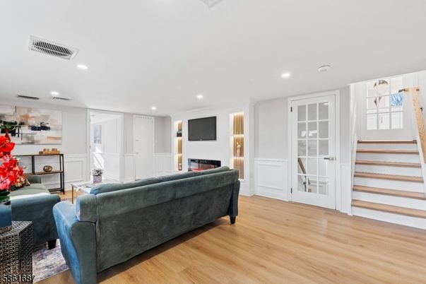 Fireplace, Interior, Living room, Recessed Lighting, Wood Texture Flooring