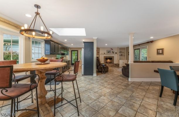 Dining room, Fireplace, Interior, Living room, Pendant Lights, Recessed Lighting, Water
