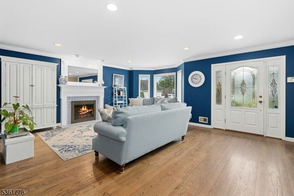 Fireplace, Interior, Living room, Recessed Lighting, Wood Texture Flooring