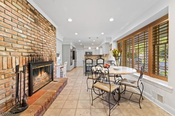 Dining room, Fireplace, Interior, Kitchen, Recessed Lighting, Stone Walls
