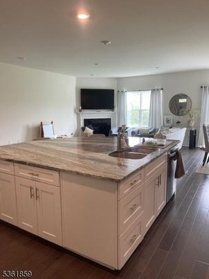 Fireplace, Interior, Kitchen, Living room, Recessed Lighting, Wood Texture Flooring