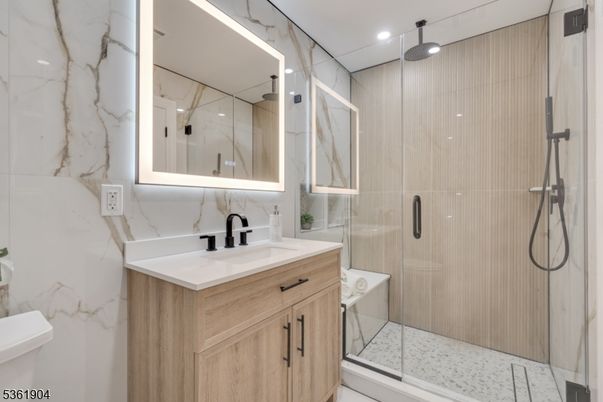 Bathroom, Glass Shower, Interior, Marble Walls, Recessed Lighting