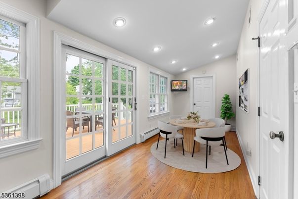 Dining room, Interior, Recessed Lighting, Wood Texture Flooring