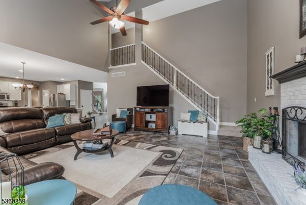 Fireplace, Interior, Kitchen, Living room, Pendant Lights, Recessed Lighting, Stone Walls
