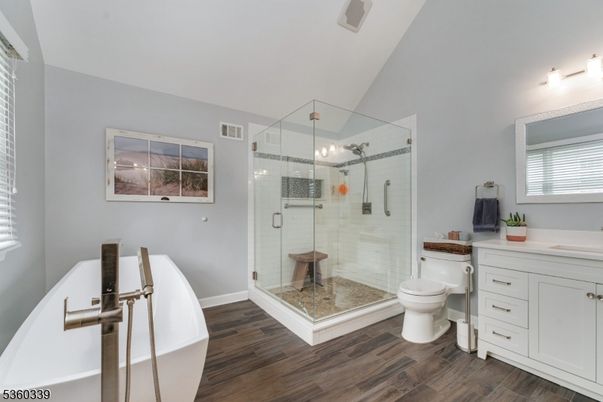 Bathroom, Free Standing Baths, Glass Shower, Interior, Wood Texture Flooring