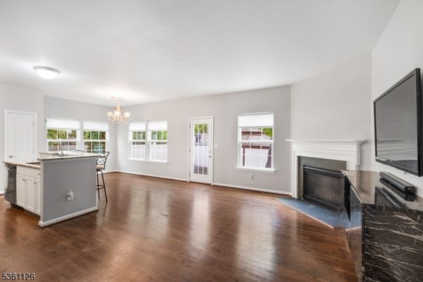 Chandelier, Fireplace, Interior, Kitchen, Wood Texture Flooring