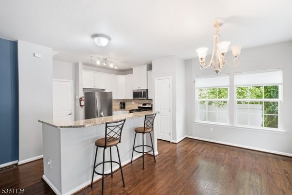 Chandelier, Interior, Kitchen, Stainless Steel Appliances, Wood Texture Flooring