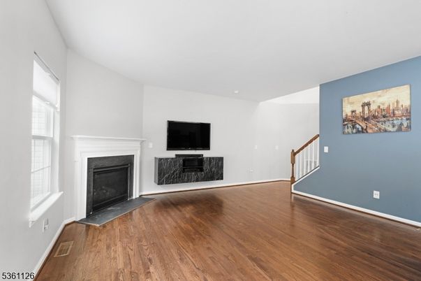 Empty room, Fireplace, Interior, Recessed Lighting, Wood Texture Flooring