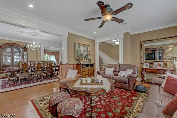 Chandelier, Dining room, Interior, Living room, Recessed Lighting, Wood Texture Flooring