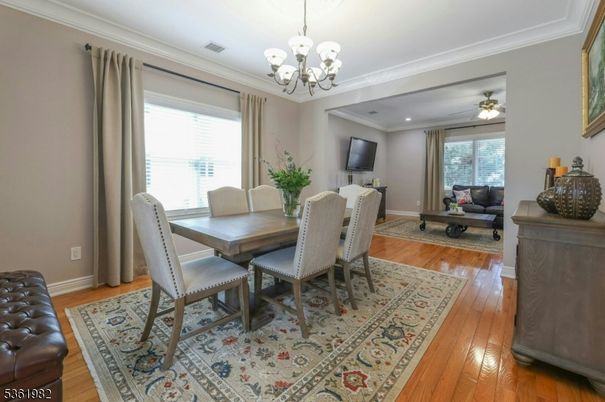 Chandelier, Dining room, Interior, Recessed Lighting, Wood Texture Flooring
