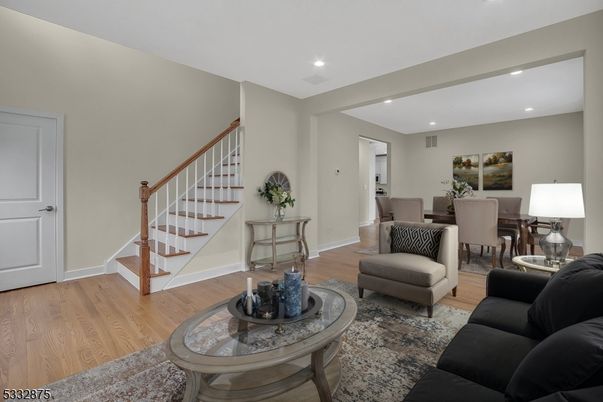Dining room, Interior, Living room, Recessed Lighting, Wood Texture Flooring