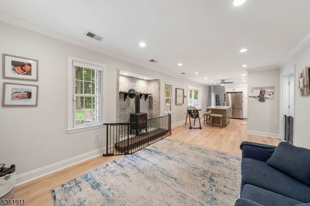 Interior, Kitchen, Recessed Lighting, Stainless Steel Appliances, Stone Walls, Wood Texture Flooring