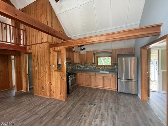Interior, Kitchen, Stainless Steel Appliances, Wooden Beams, Wood Texture Flooring, Wooden Walls