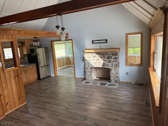 Fireplace, Interior, Kitchen, Pendant Lights, Wooden Beams, Wood Texture Flooring
