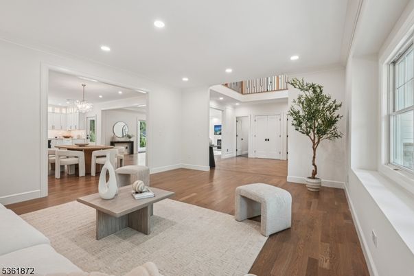 Chandelier, Dining room, Interior, Living room, Recessed Lighting, Wood Texture Flooring