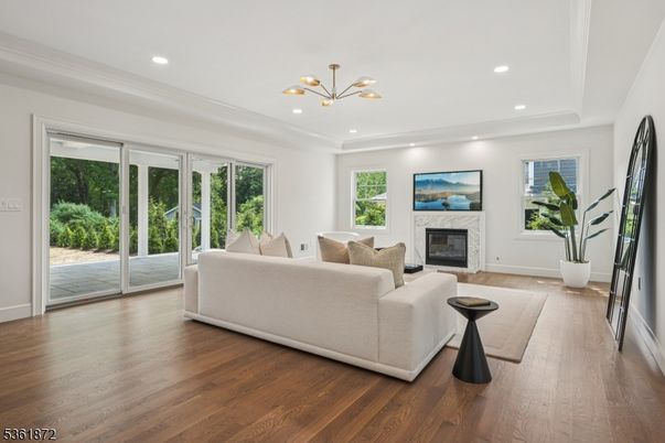Fireplace, Interior, Living room, Pendant Lights, Recessed Lighting, Wood Texture Flooring